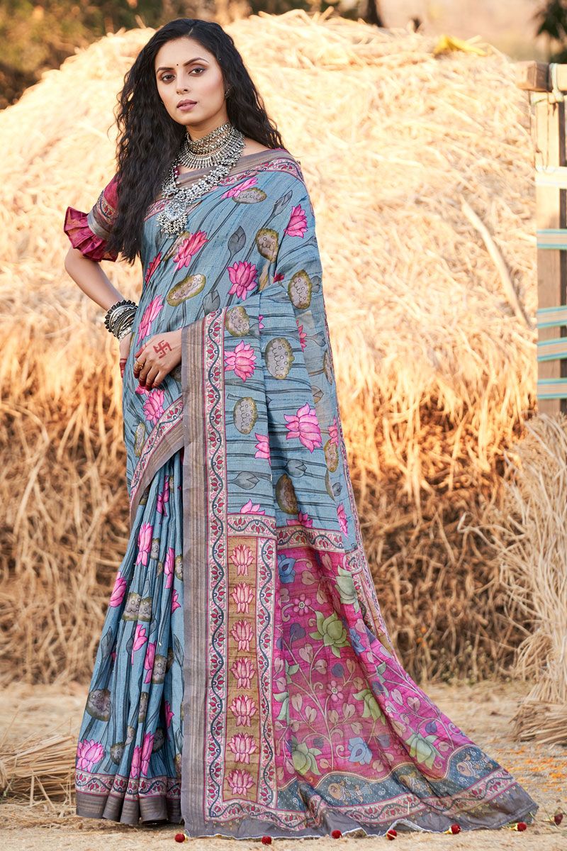 Cotton Grey Printed Casual Saree