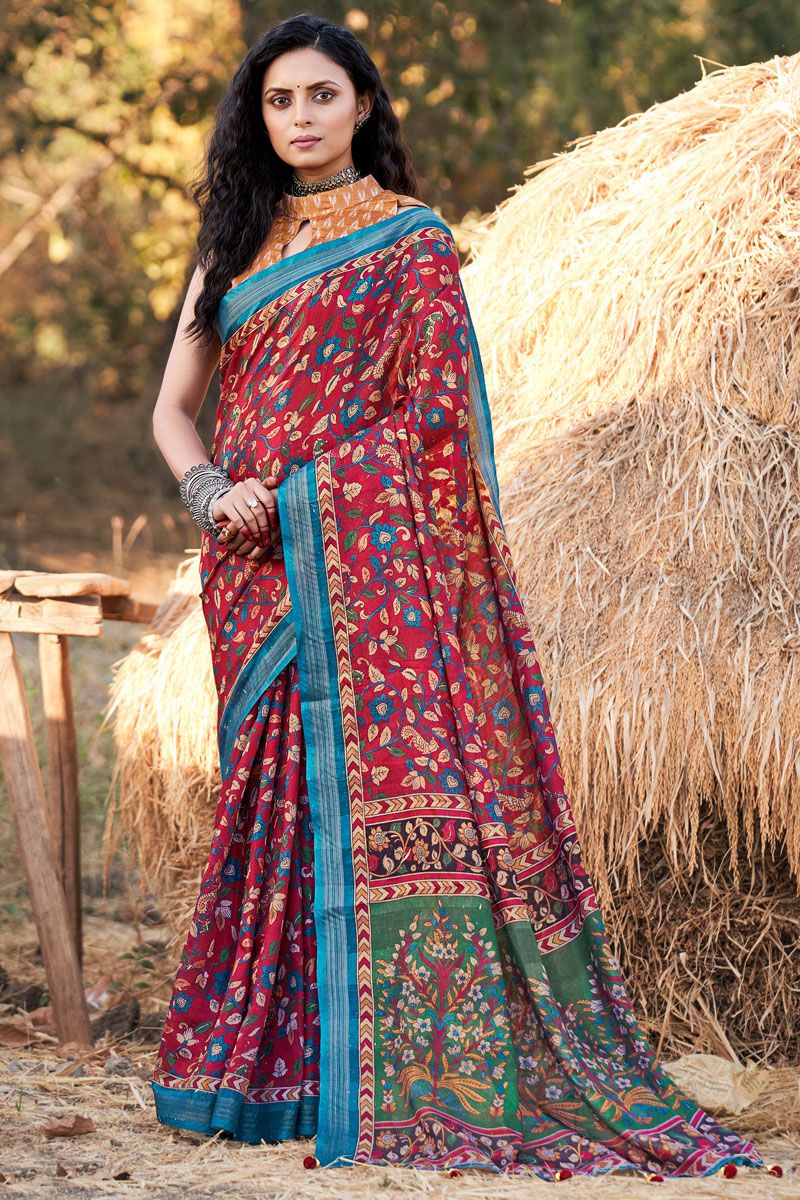 Red Cotton Printed Casual Saree