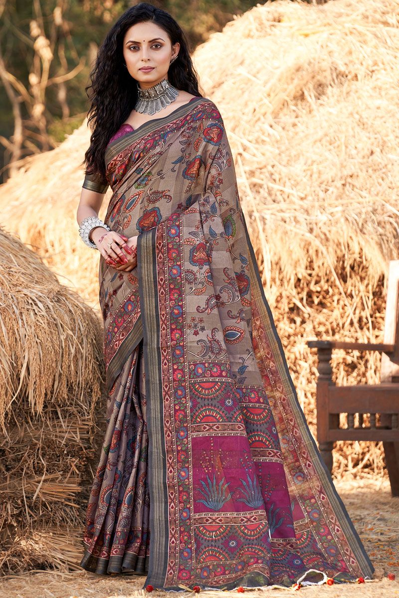 Cotton Brown Printed Casual Saree