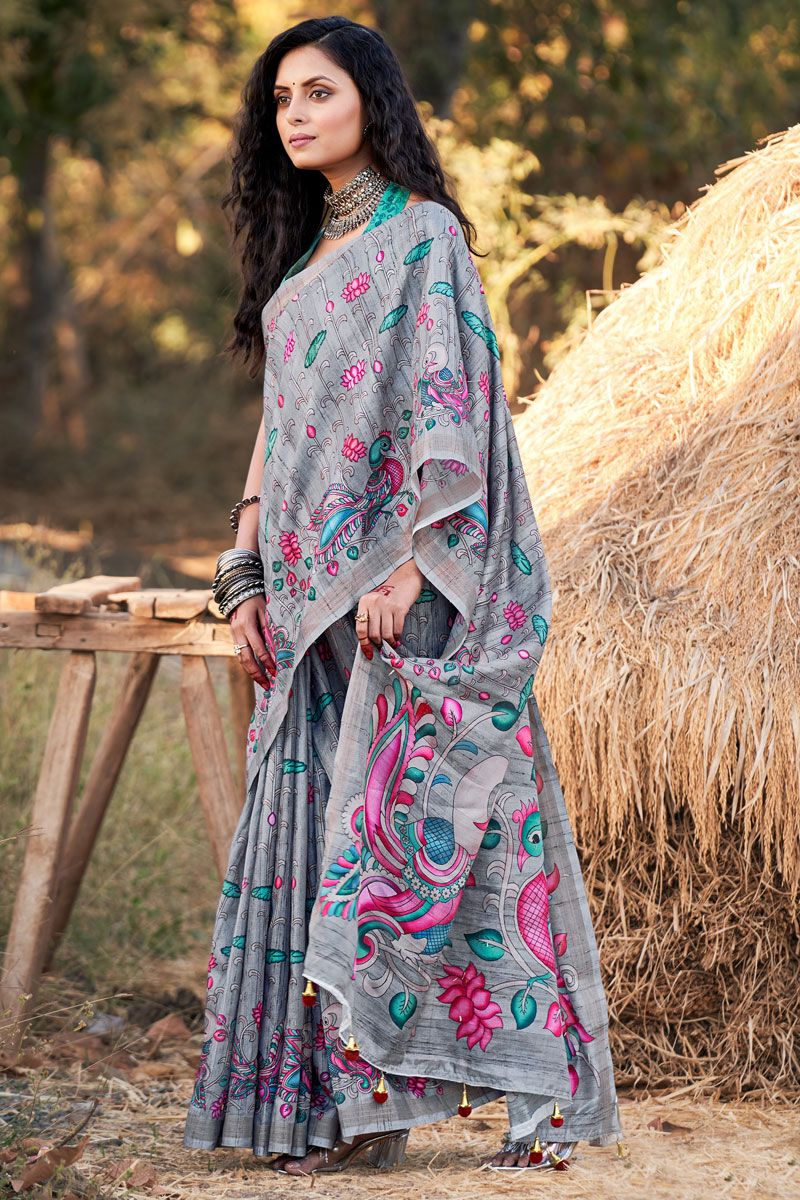 Cotton Printed Casual Saree In Grey Color