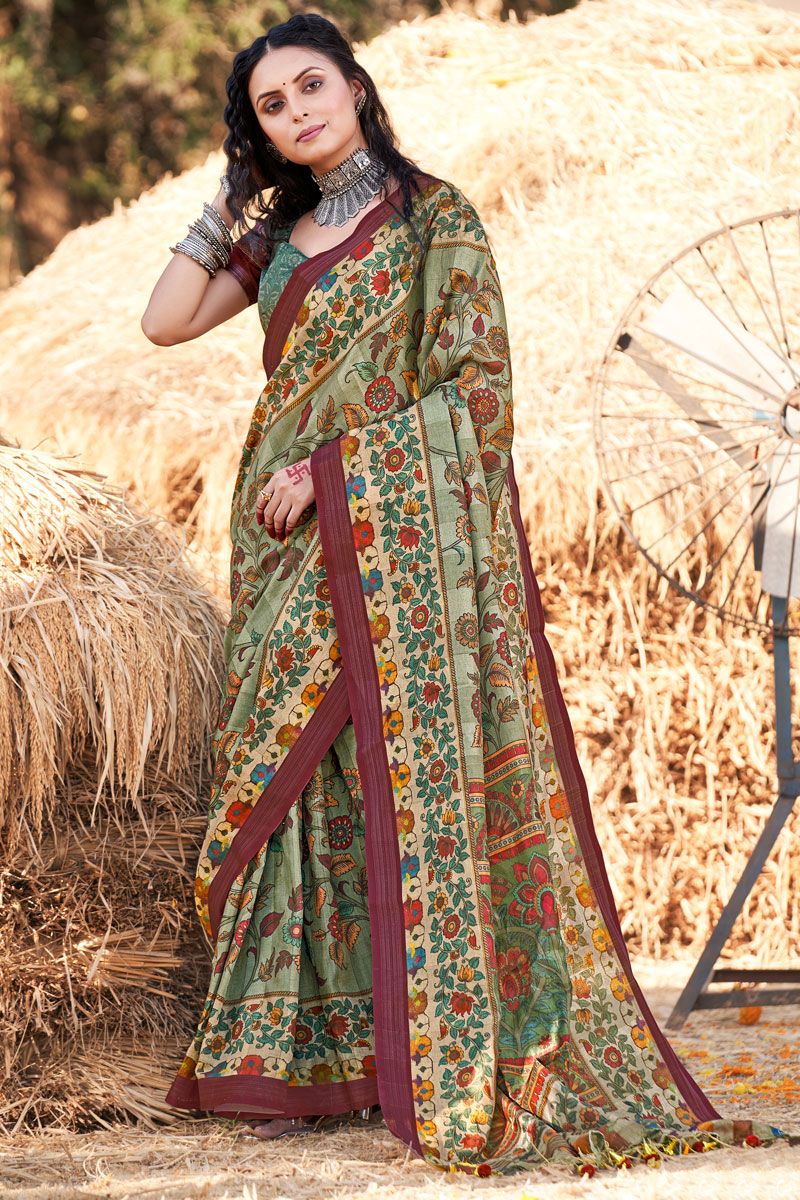 Sea Green Cotton Printed Casual Saree