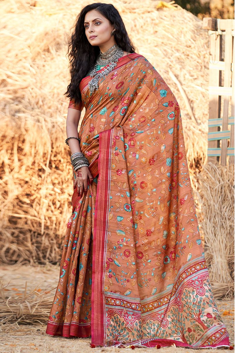 Cotton Printed Casual Saree In Rust Color