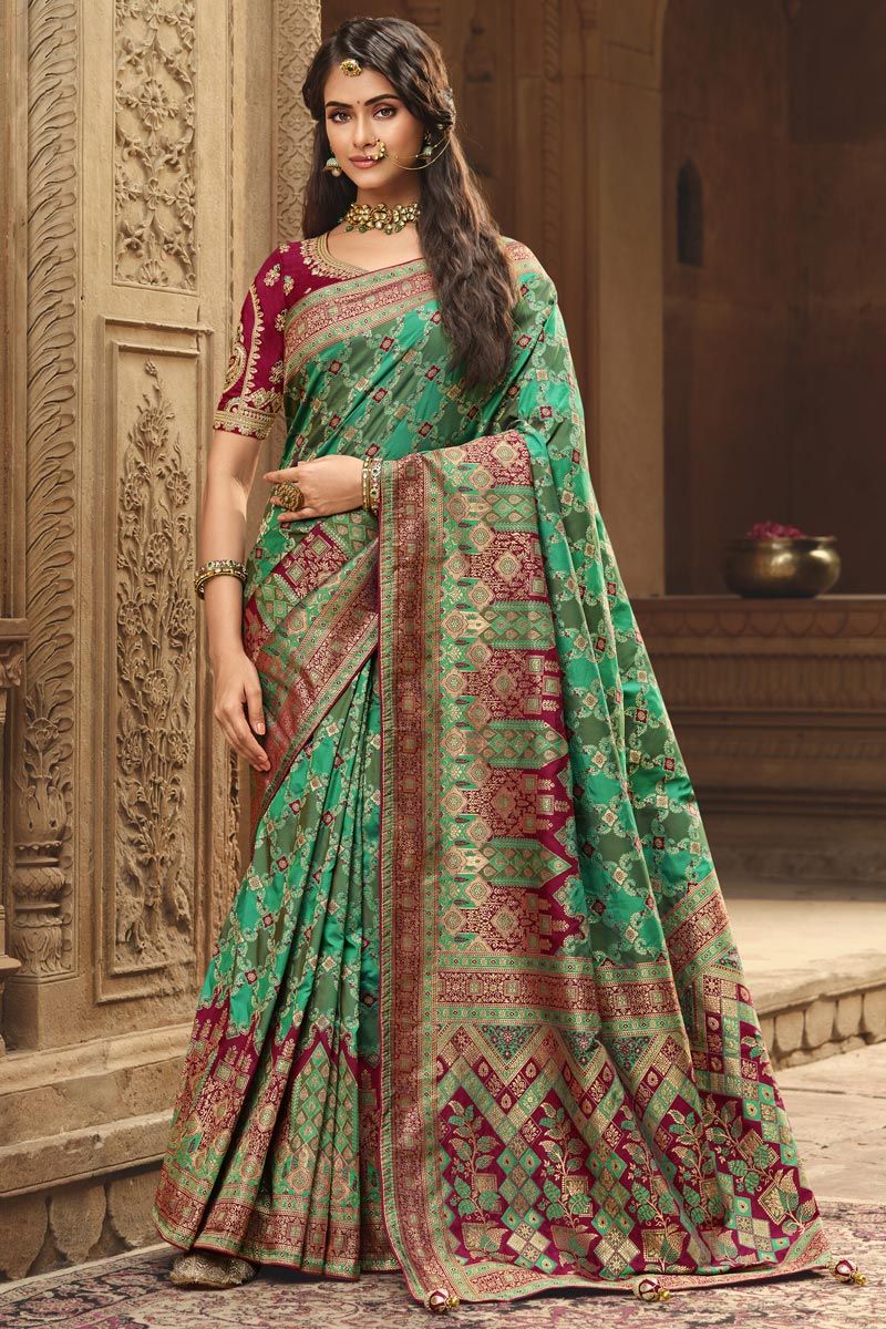 Enriching Green Color Function Style Weaving Work Art Silk Saree