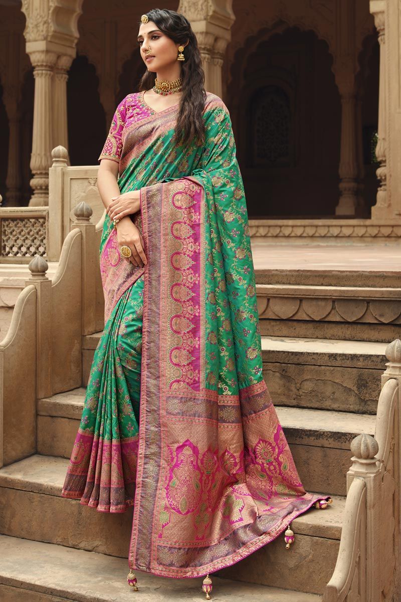 Fascinate Weaving Work Function Style Art Silk Saree In Green Color