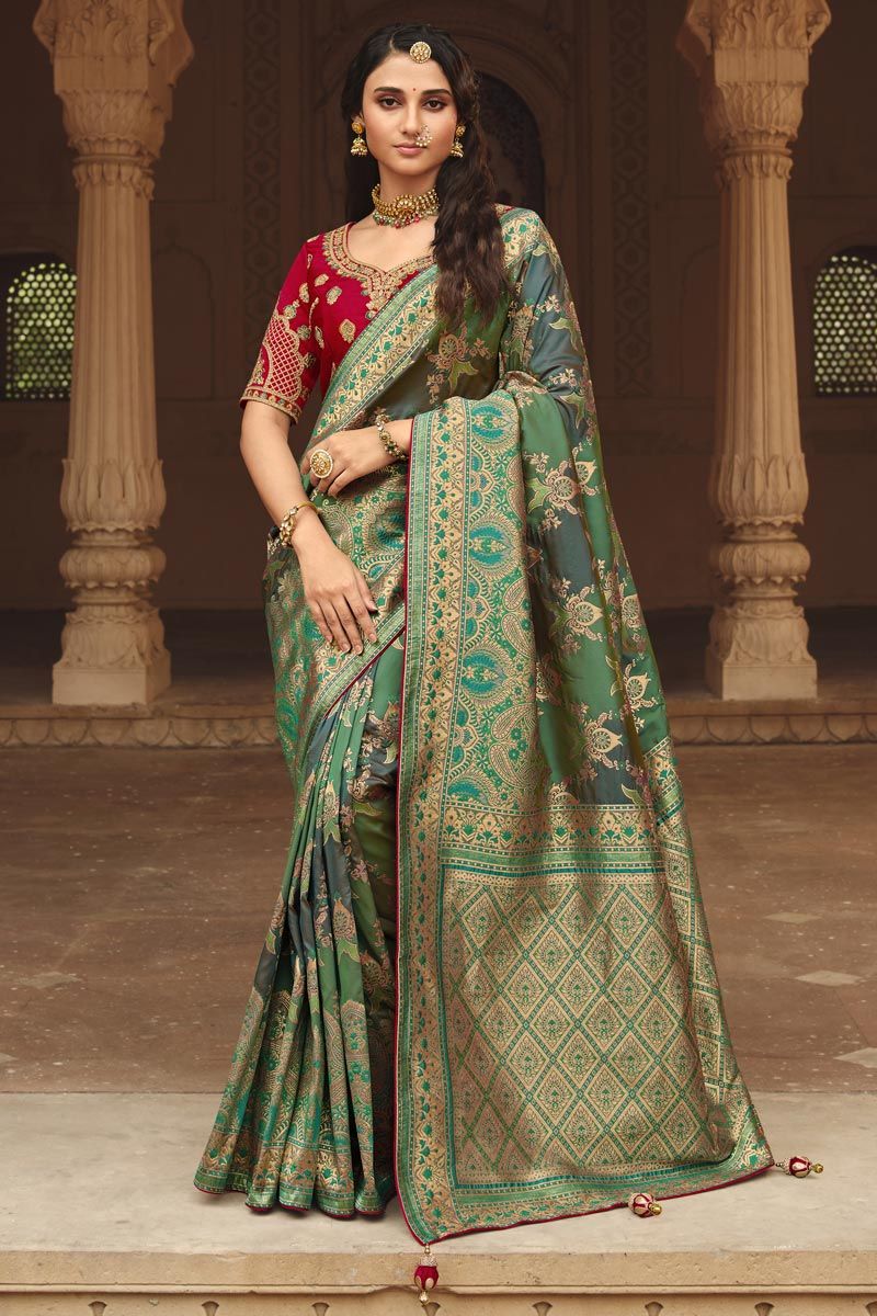 Engaging Green Color Function Style Weaving Work Art Silk Saree