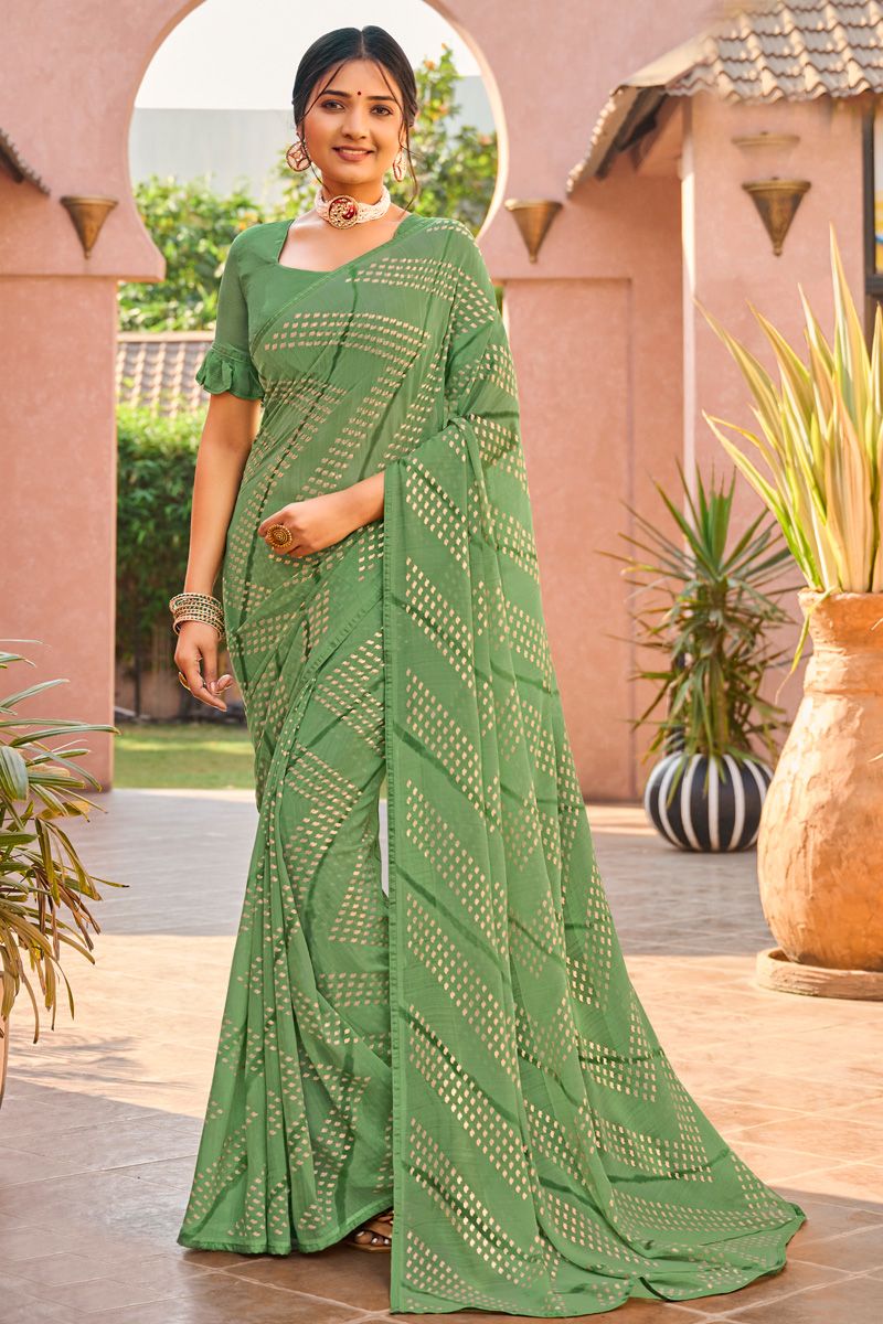 Wonderful Casual Look Floral Printed Georgette Saree In Sea Green Color