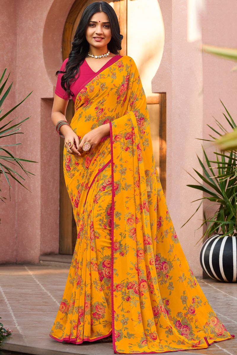 Yellow Color Fantastic Casual Look Floral Printed Georgette Saree