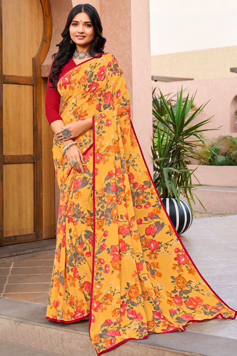 Yellow Color Glorious Casual Floral Printed Georgette Saree