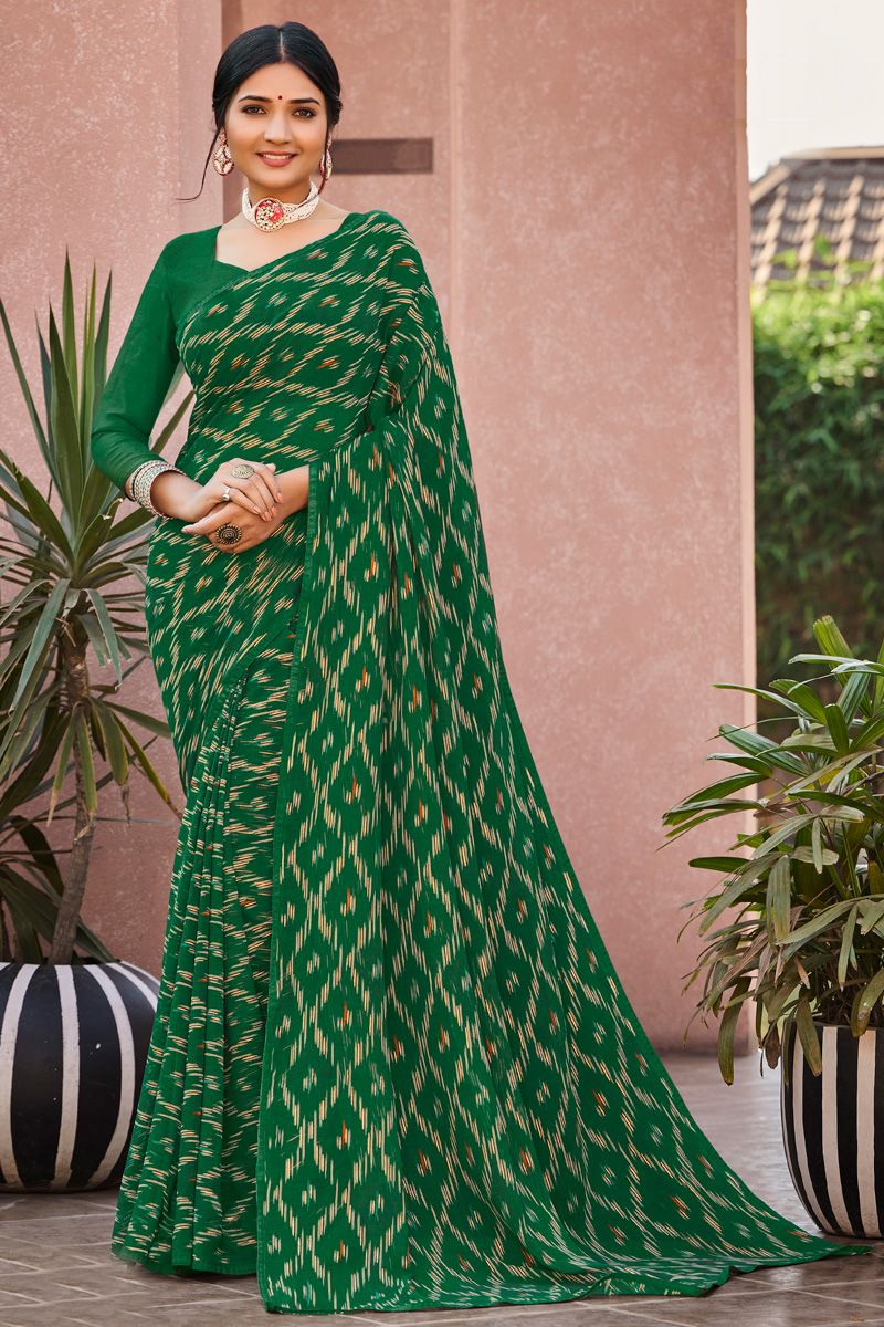 Green Color Enticing Casual Look Floral Printed Georgette Saree