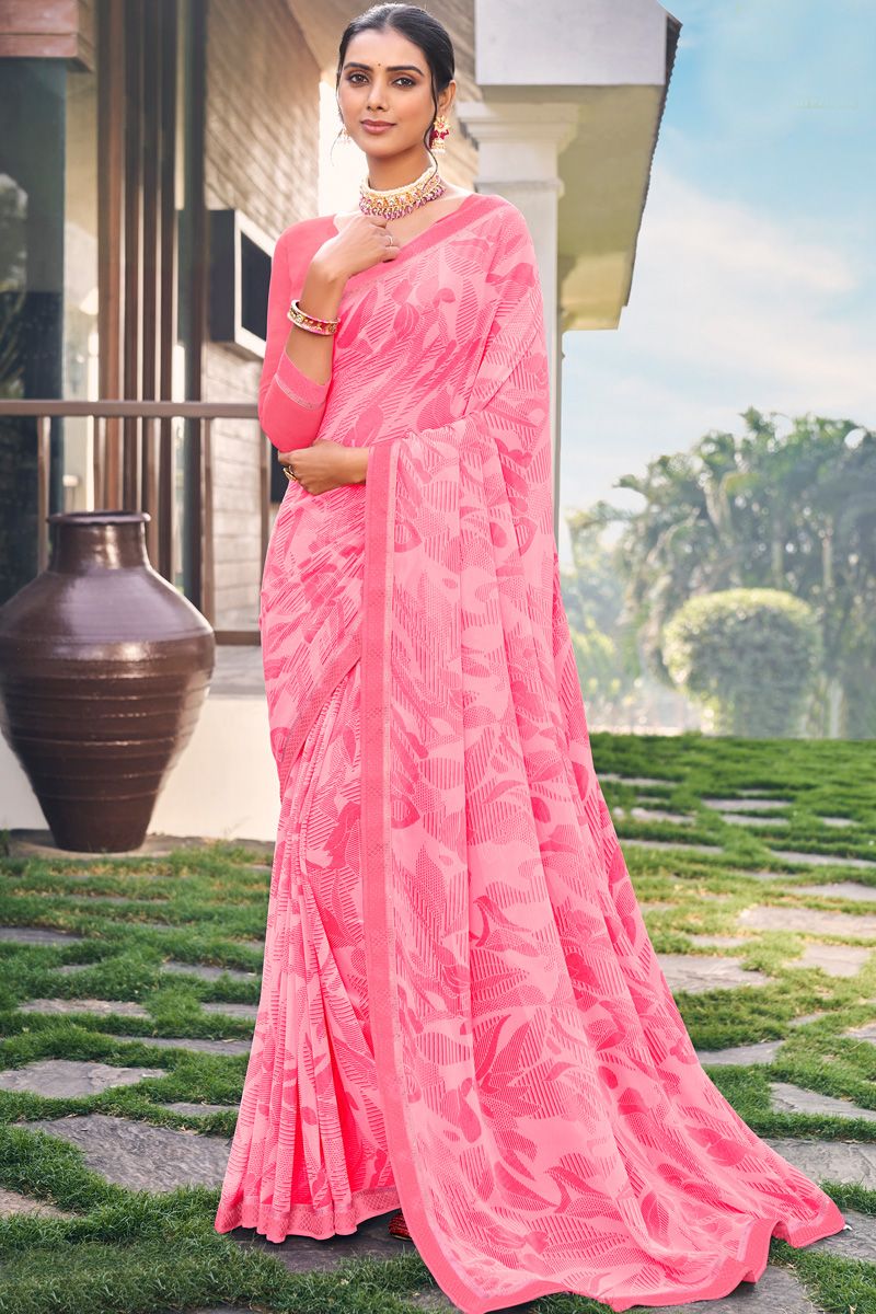 Pink Color Ingenious Georgette Light Weight Casual Saree