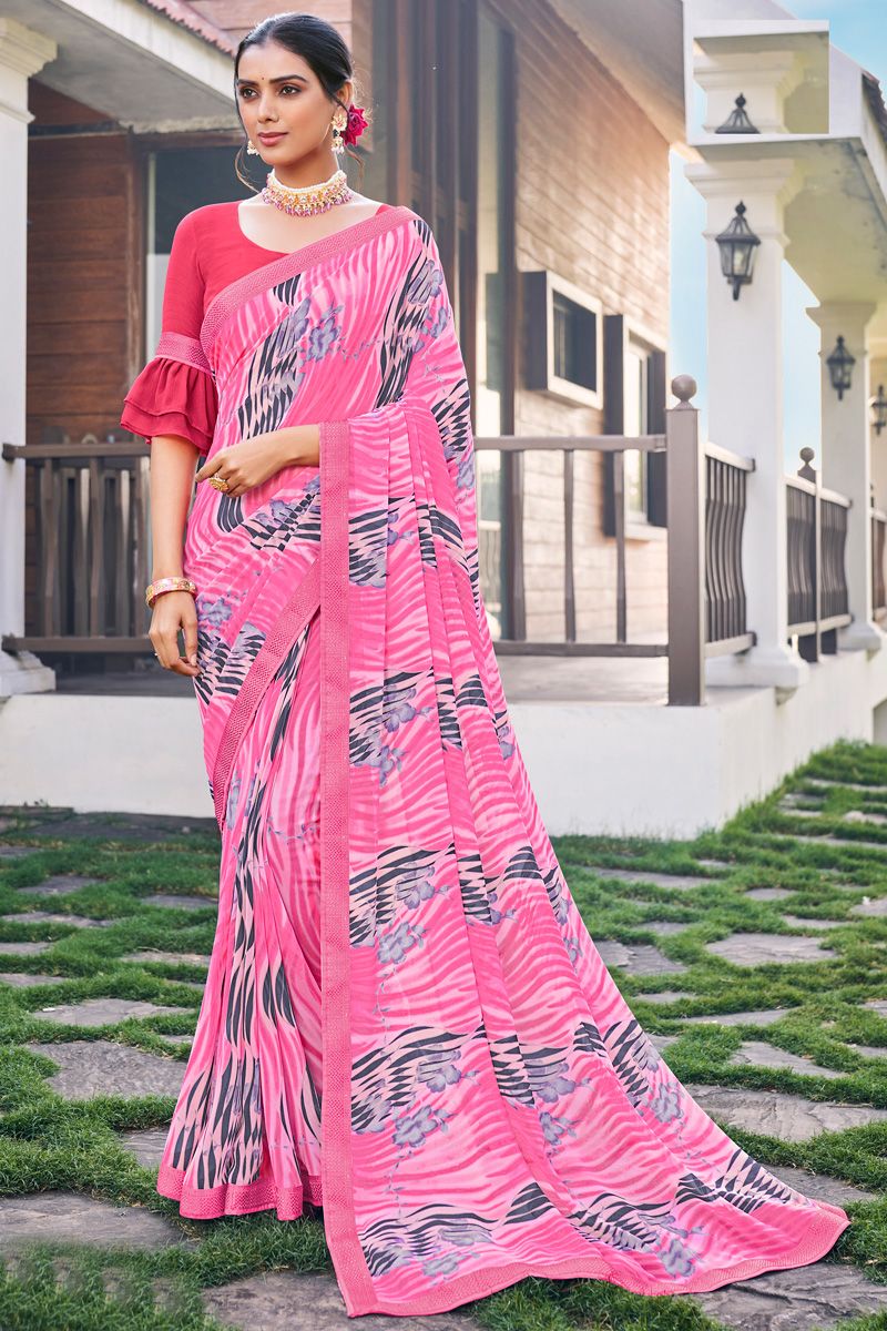 Pink Color Beautiful Georgette Light Weight Casual Saree