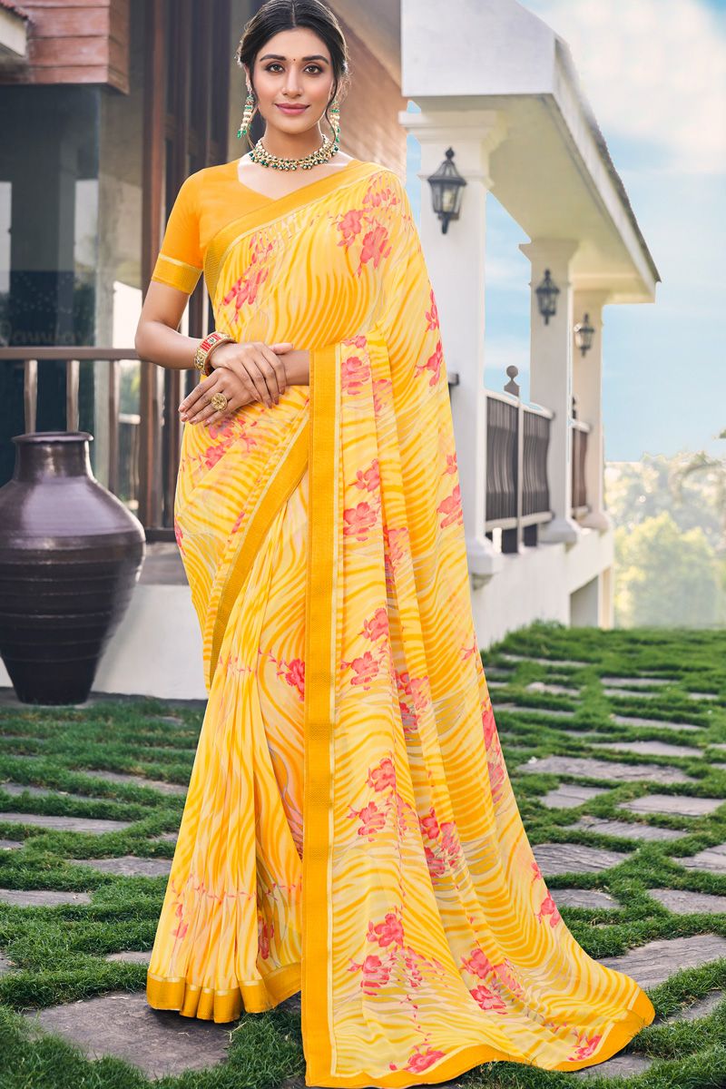 Yellow Color Georgette Fabric Simple Printed Daily Wear Saree