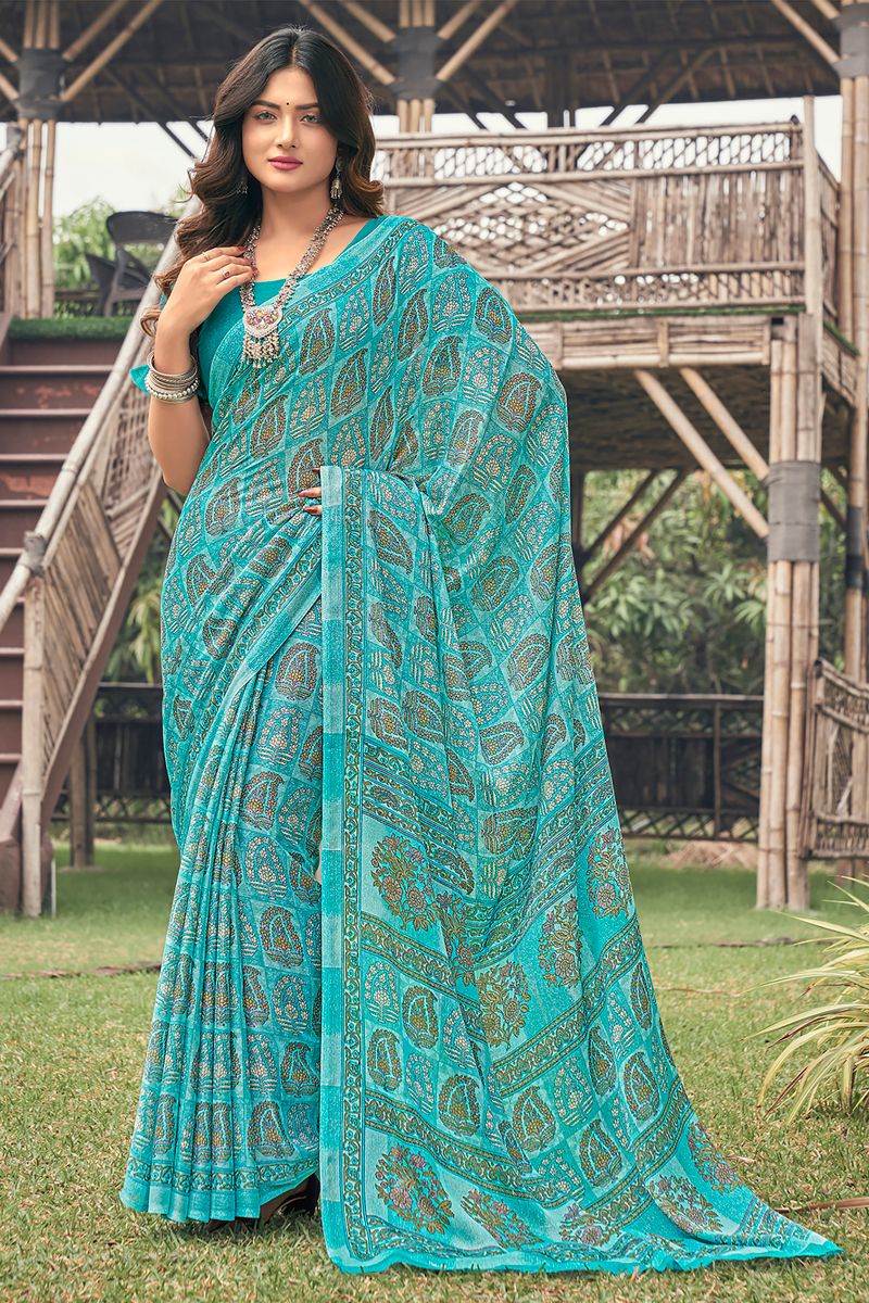 Cyan Color Chiffon Casual Sober Saree