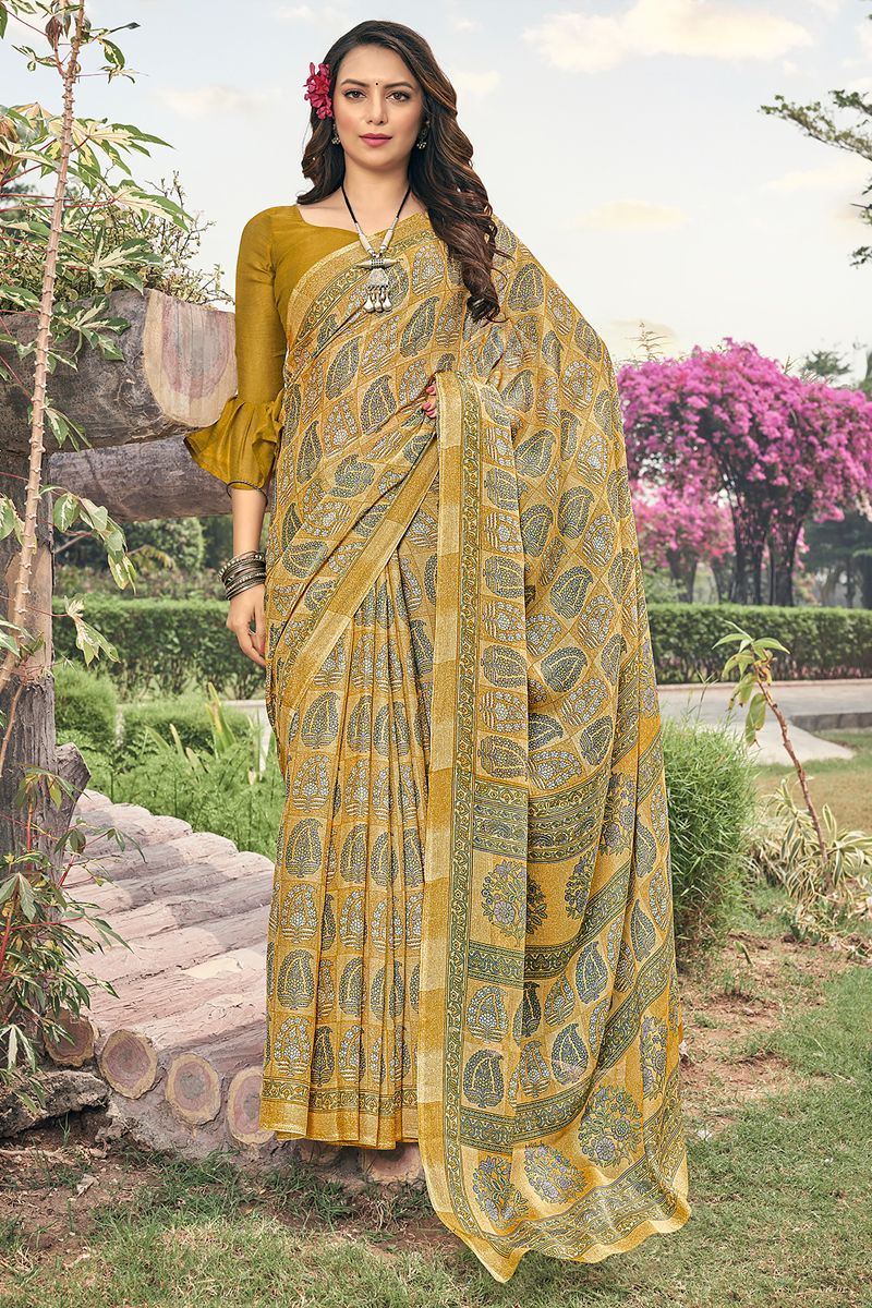 Casual Yellow Color Saree In Chiffon Fabric