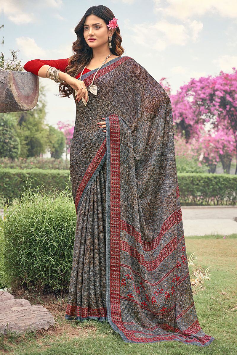 Chiffon Casual Beatific Saree In Grey Color