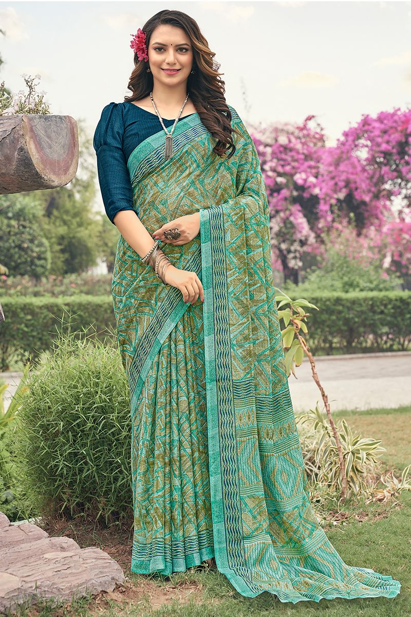 Sea Green Color Stunning Casual Saree In Chiffon Fabric