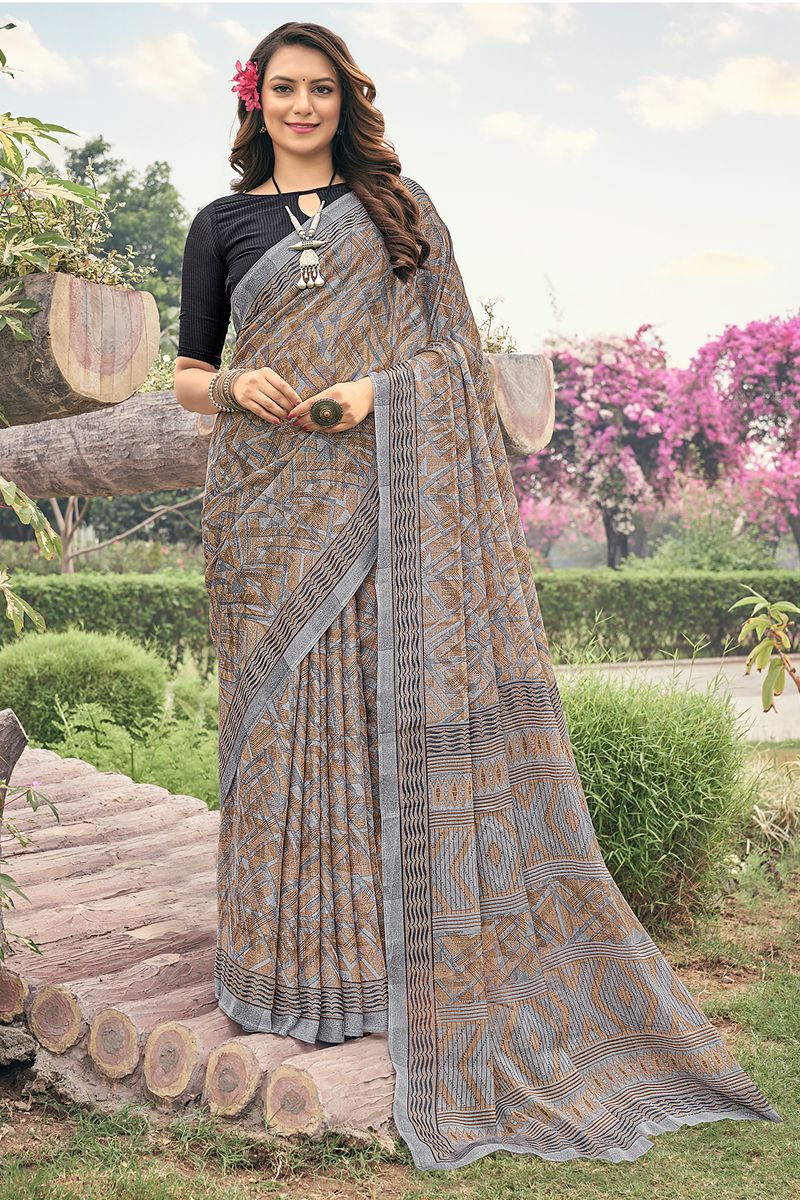 Chiffon Chikoo Color Casual Wear Engrossing Saree