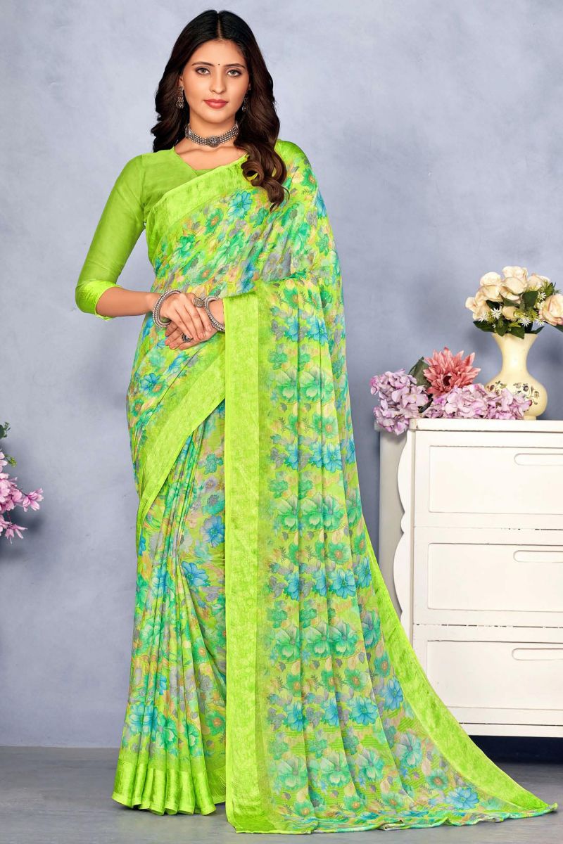 Printed Creative Green Color Chiffon Saree