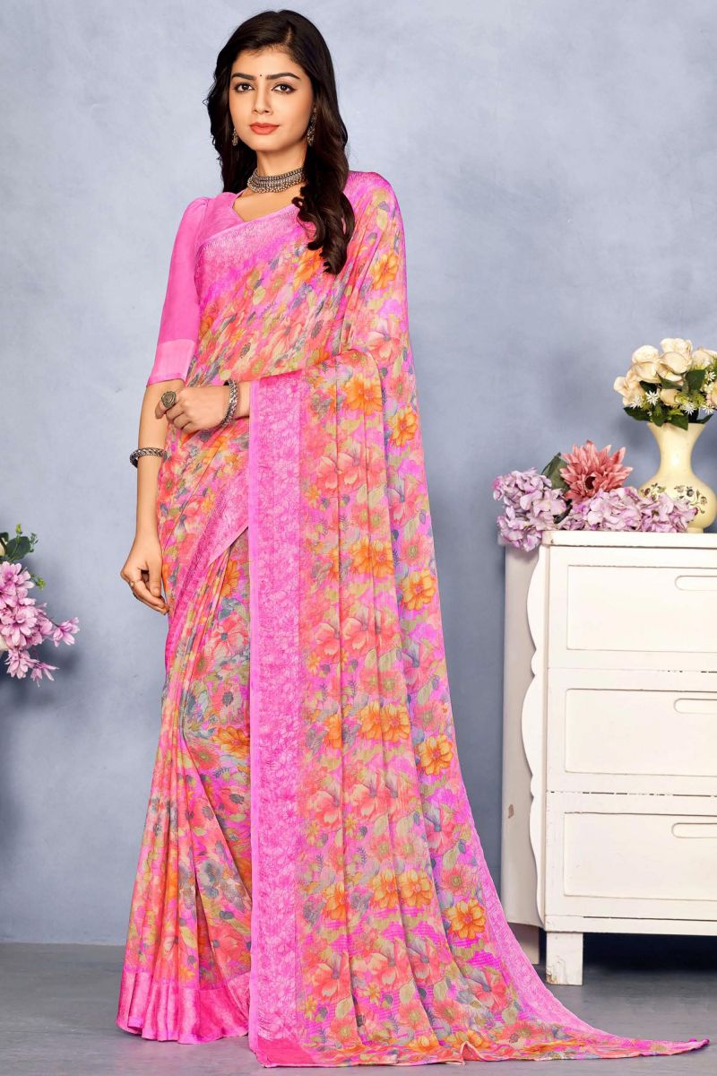 Marvelous Printed Chiffon Pink Color Saree