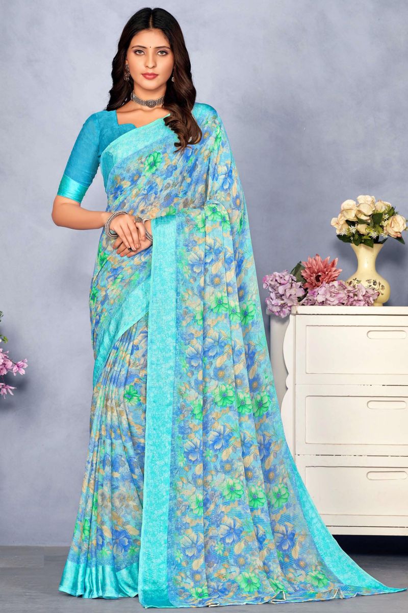 Radiant Blue Color Printed Chiffon Saree