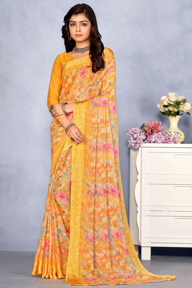 Excellent Chiffon Orange Color Printed Saree