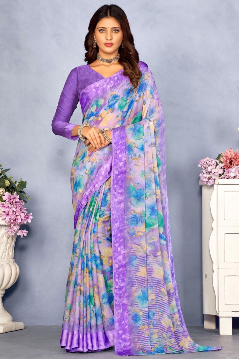 Printed Beguiling Purple Color Chiffon Saree