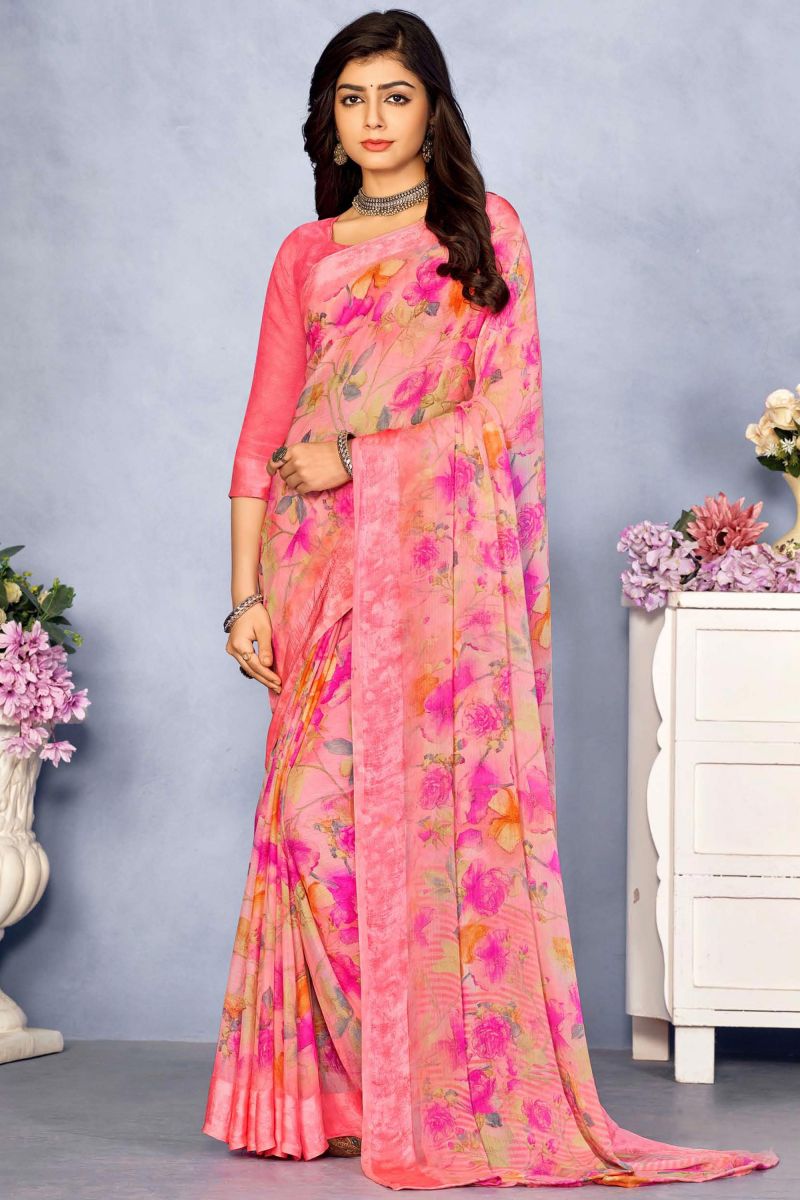 Incredible Printed Chiffon Pink Color Saree