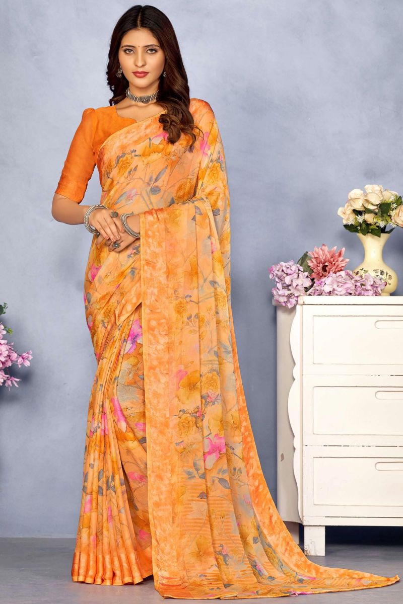 Tempting Chiffon Orange Color Printed Saree