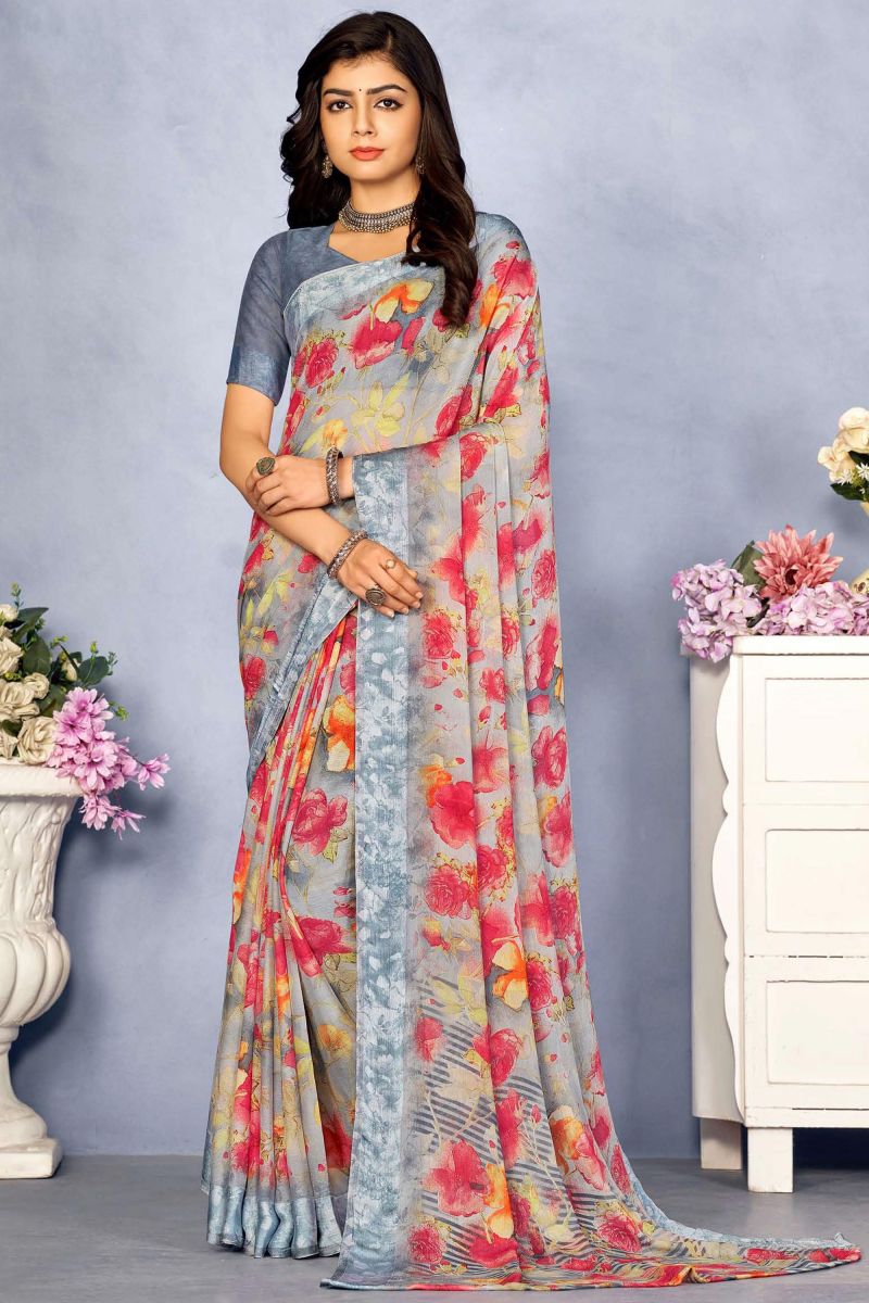 Printed Engaging Grey Color Chiffon Saree