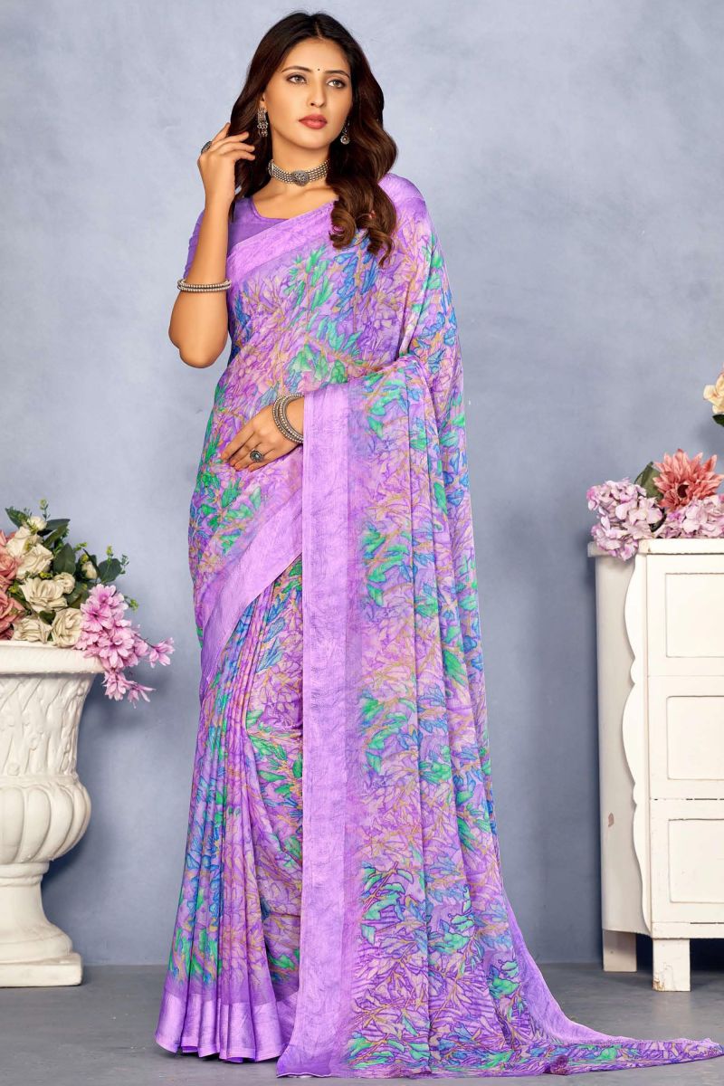 Classic Printed Purple Color Chiffon Saree