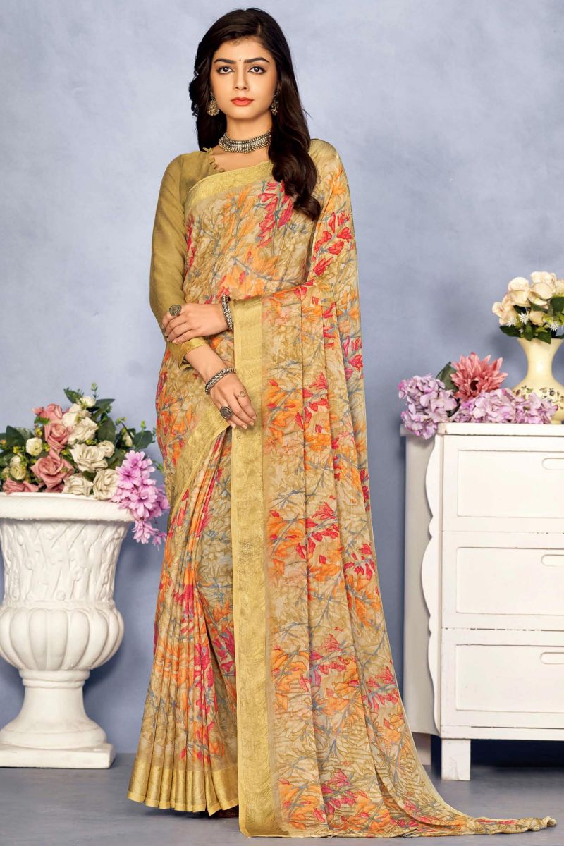 Delicate Beige Color Printed Chiffon Saree