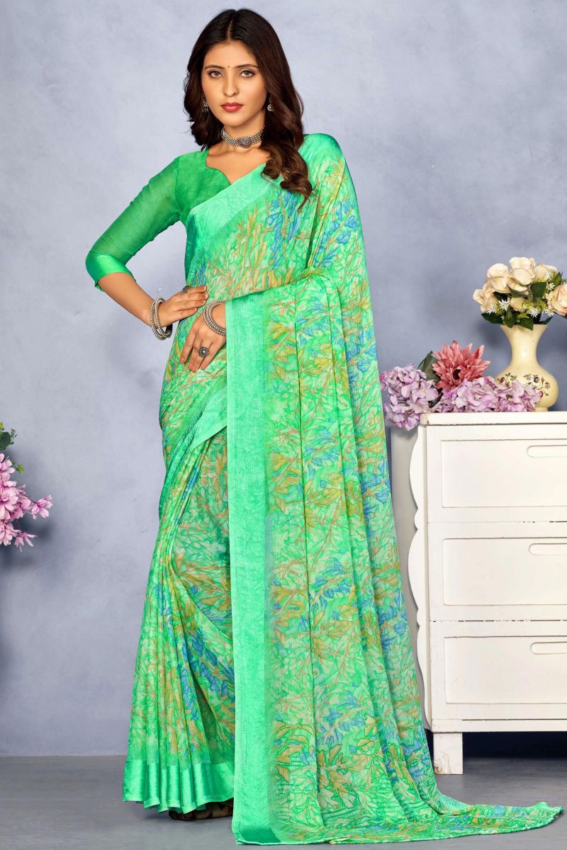 Blazing Sea Green Color Chiffon Printed Saree