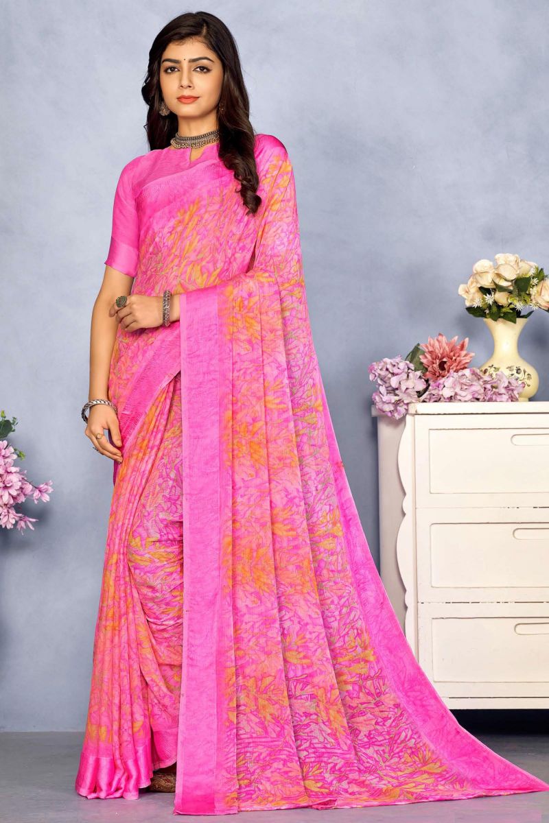 Printed Alluring Magenta Color Chiffon Saree