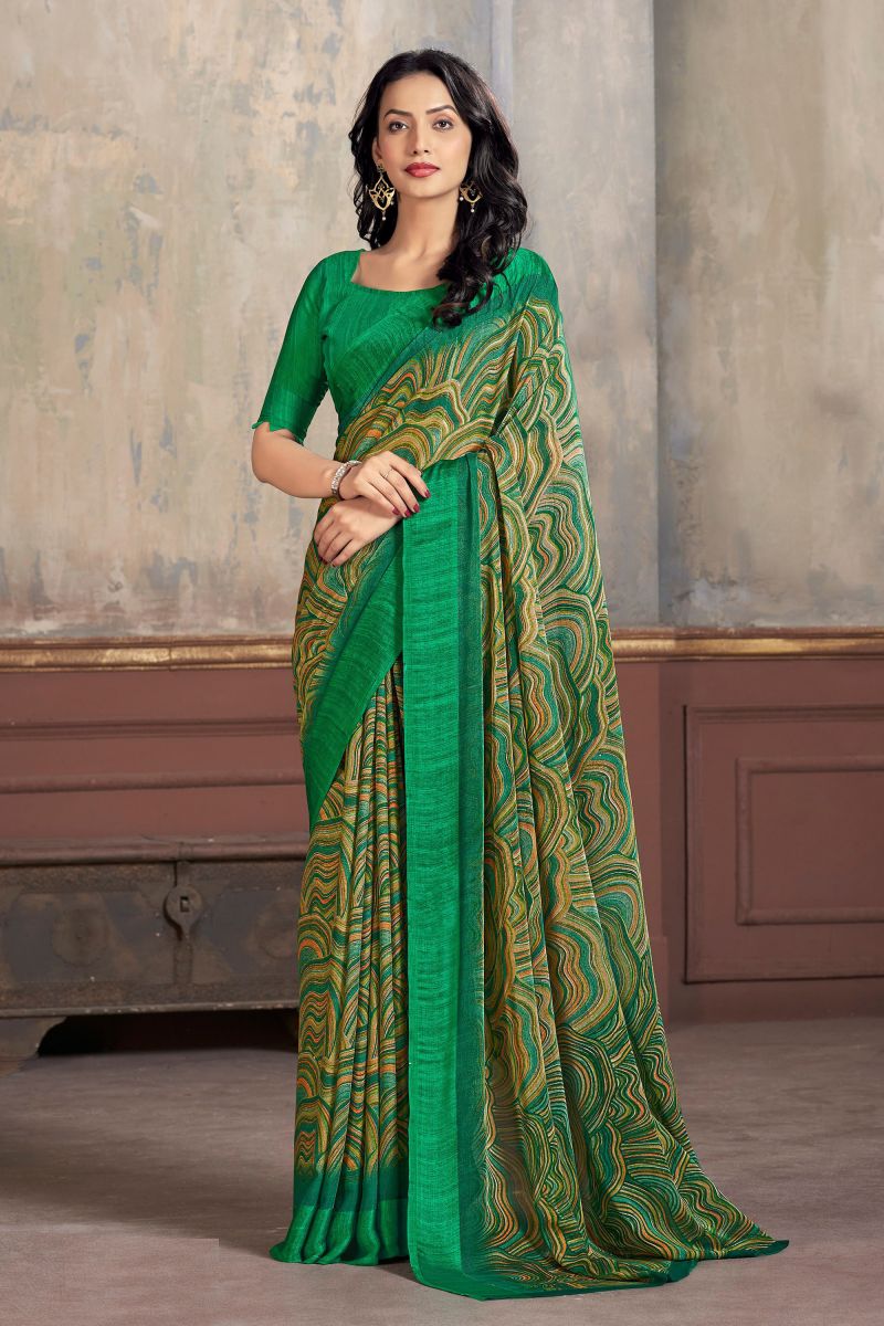 Attractive Green Abstract Print Chiffon Simple Saree