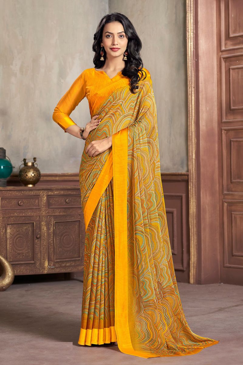 Delightful Yellow Abstract Print Chiffon Casual Saree