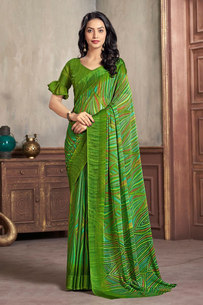 Chiffon Abstract Print Saree In Green Color