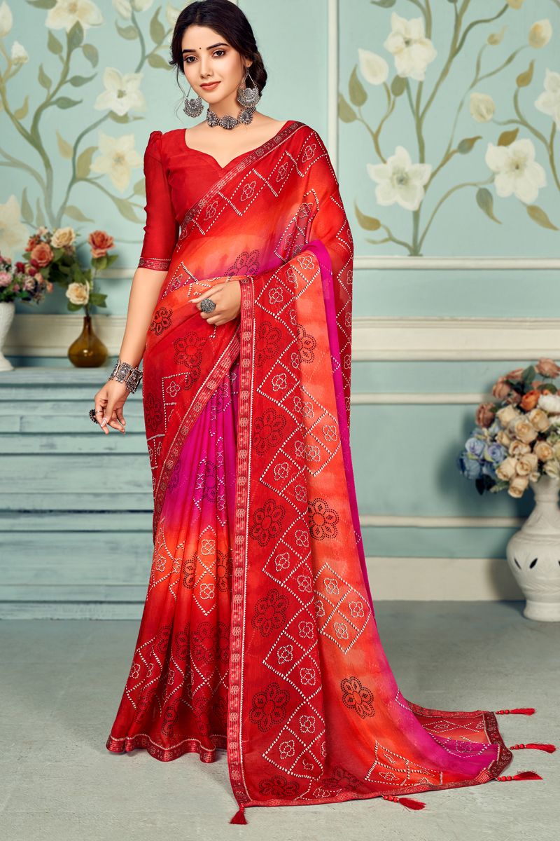 Red Chiffon Printed Fantastic Saree