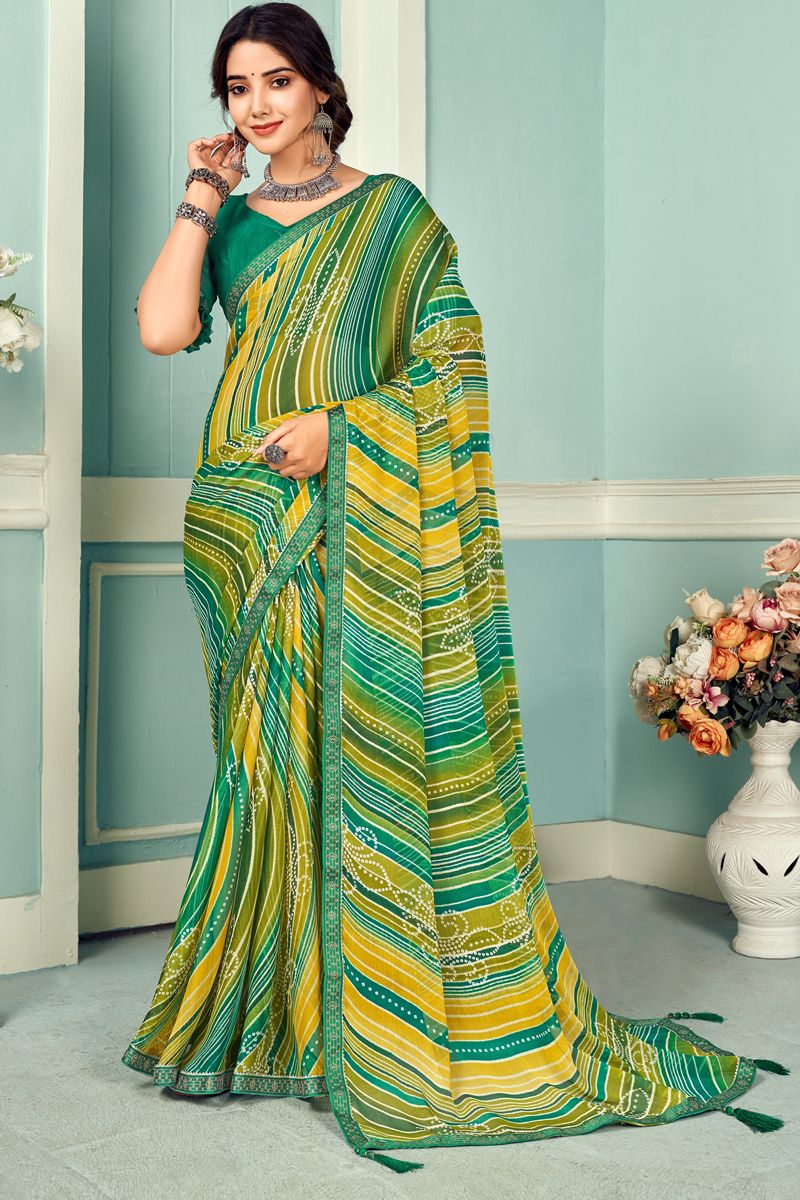 Chiffon Printed Saree In Yellow Color