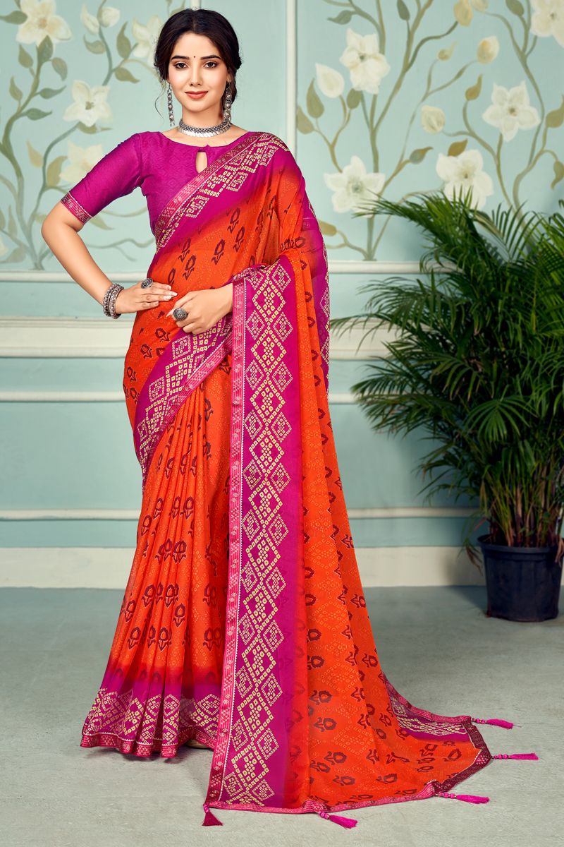 Orange Chiffon Printed Saree