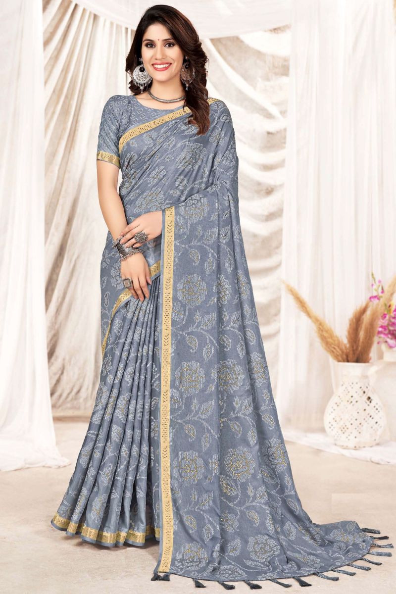 Attractive Grey Printed Art Silk Traditional Saree