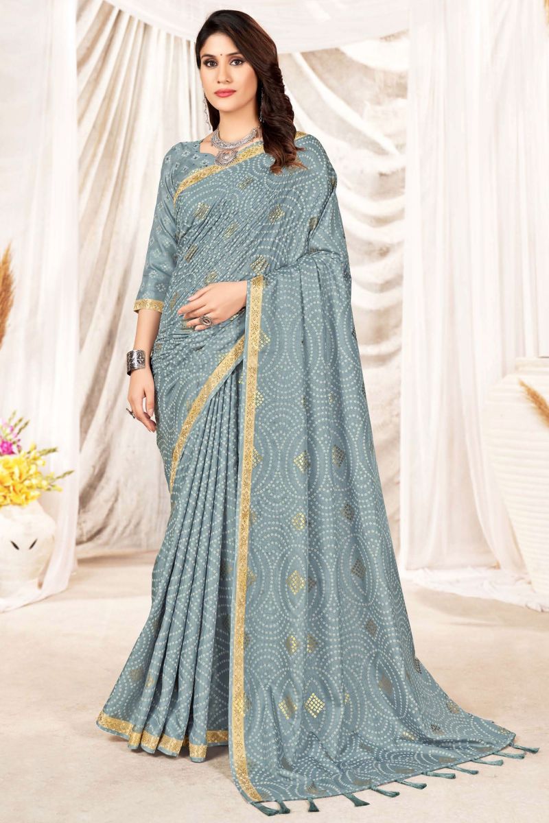 Art Silk Printed Saree In Grey Color