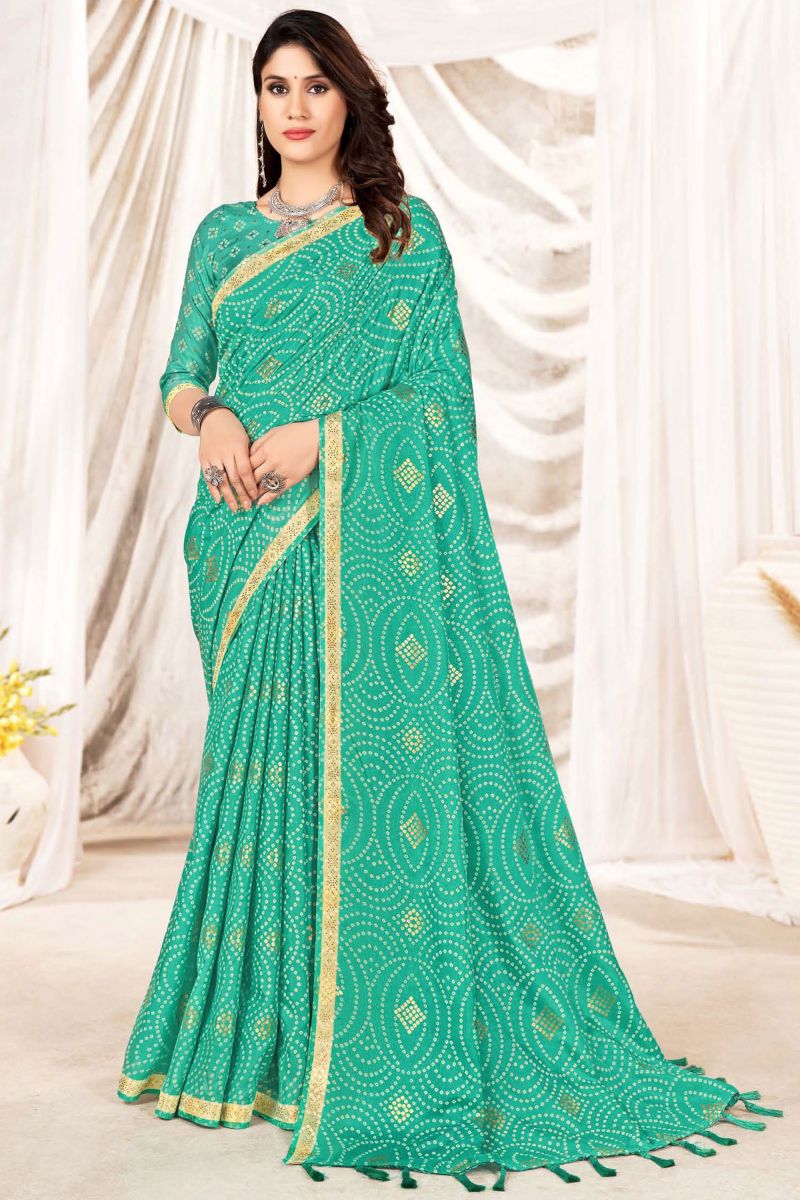 Cyan Color Printed Designer Art Silk Saree