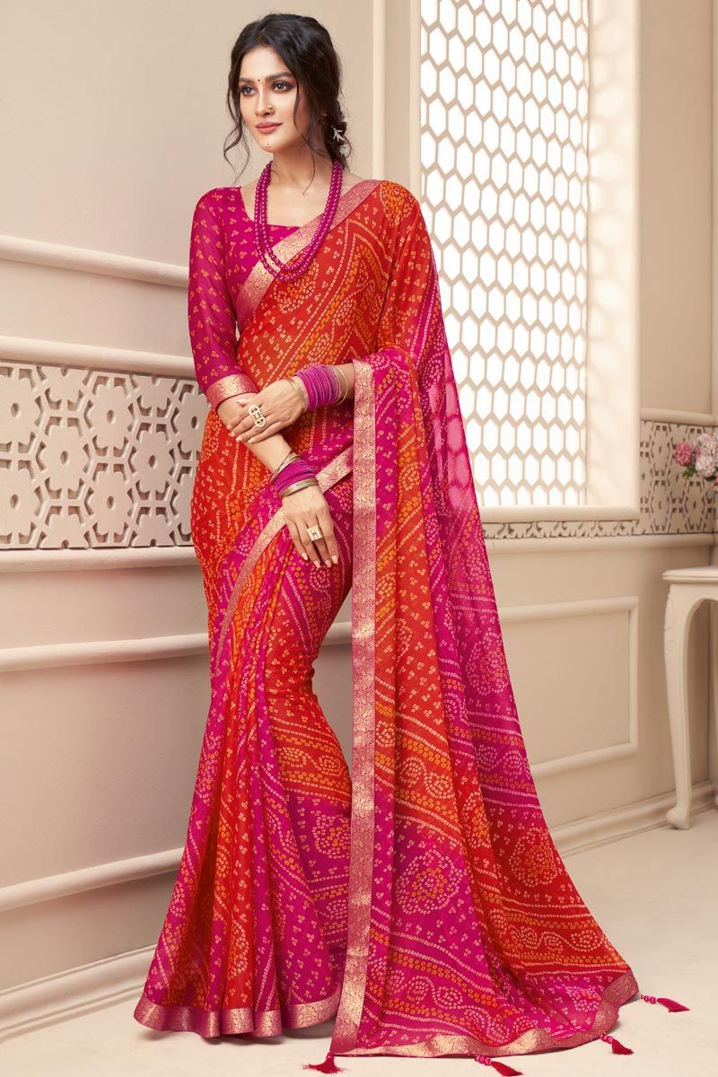 Chiffon Contemporary Pink And Orange Saree