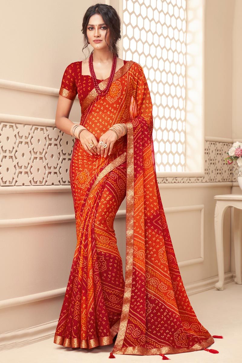 Bandhani Printed Casual Classic Saree In Maroon Color