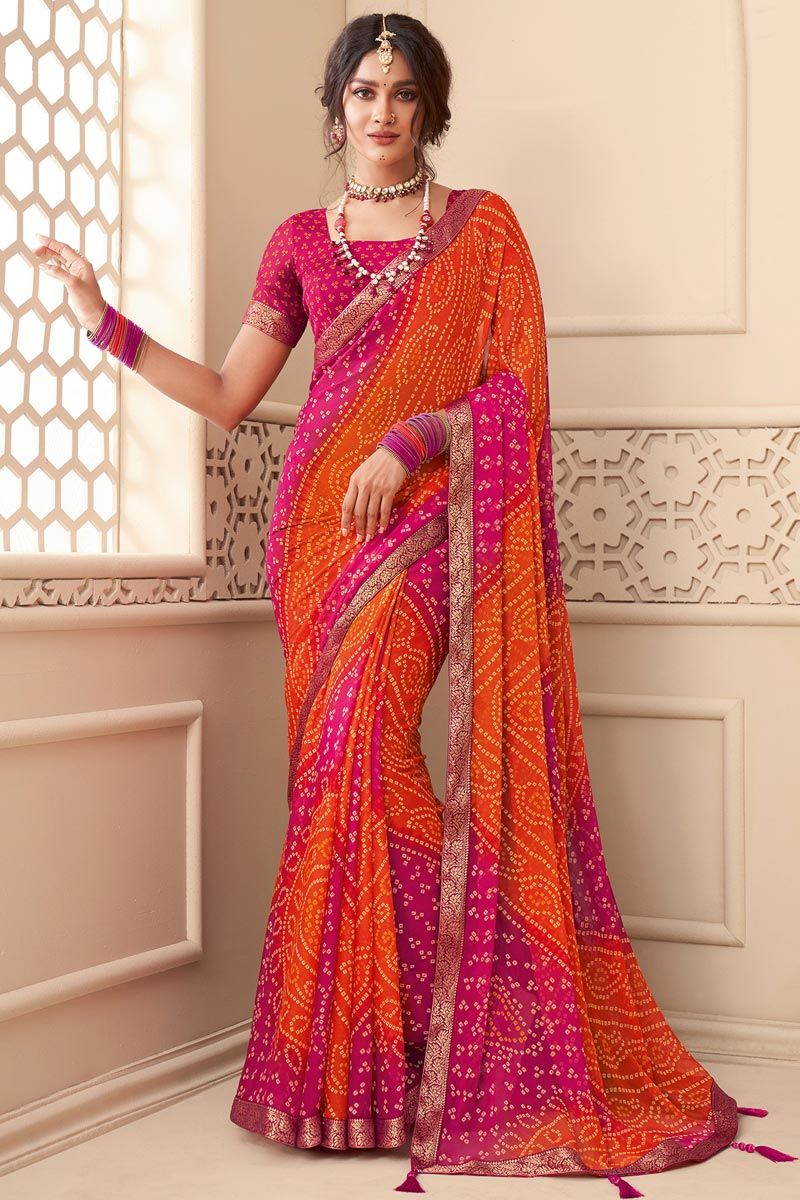 Chiffon Bandhani Printed Saree In Rani Color