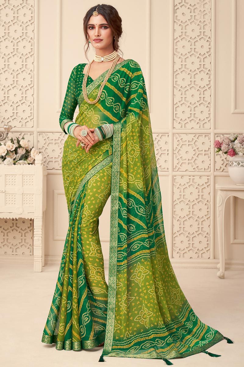 Chiffon Bandhani Printed Saree in Green