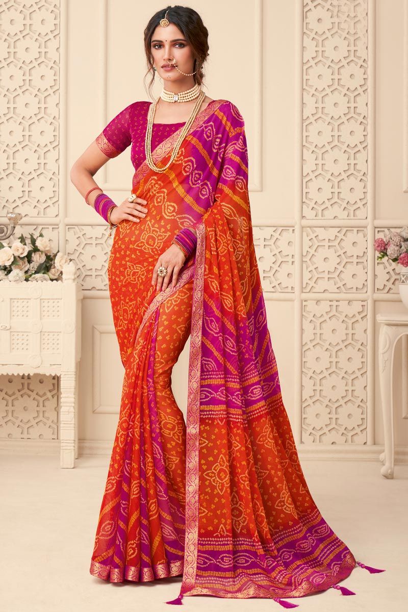 Orange Casual Chiffon Amazing Bandhani Printed Saree