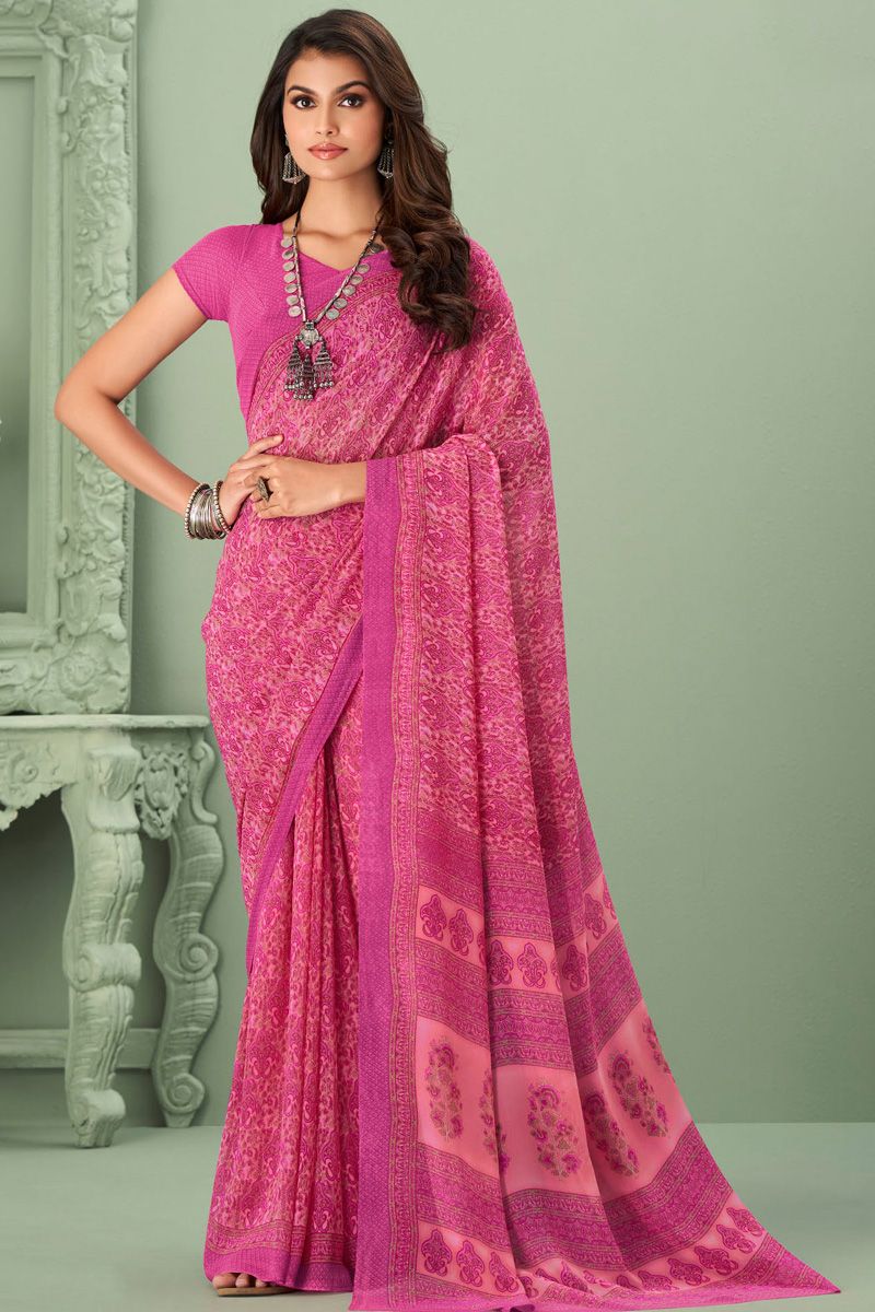 Radiant Pink Color Georgette Fabric Casual Look Saree