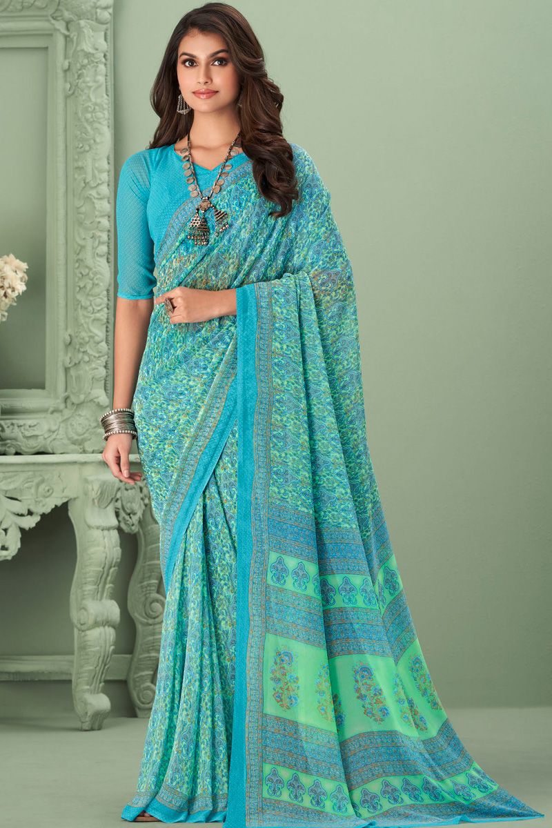 Excellent Georgette Fabric Sky Blue Color Casual Look Saree