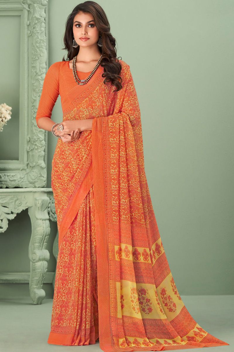 Beguiling Orange Color Georgette Fabric Casual Look Saree